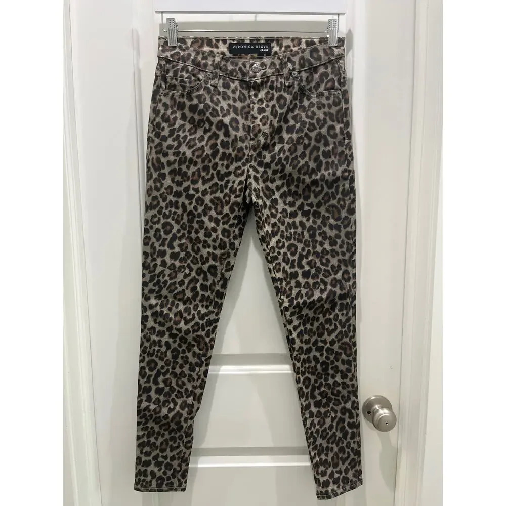Veronica Beard Coated Leopard Animal Print Brooke Skinny Mid Rise Jeans Sz 27